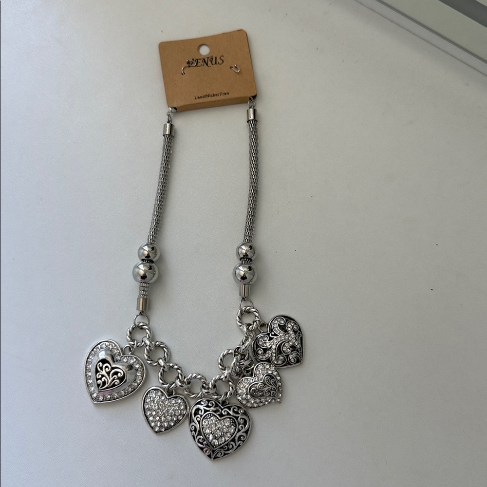 VENUS Silver Heart Charm Necklace with Crystal Accents
